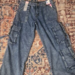 Blue Wide Leg Cargo Jeans